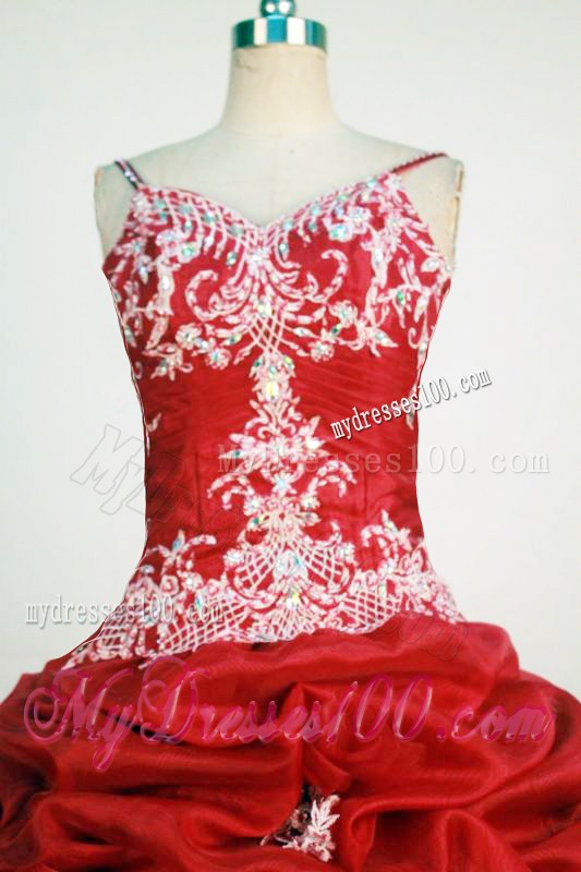 Pretty Red Pick-ups Spaghetti Straps Quinceanera Gowns with Appliques